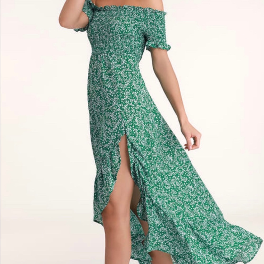 Green Floral Print Off-the-Shoulder Midi Dress
